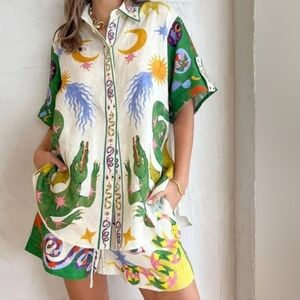 Colorful Graphic Button-Up Shirt and Shorts Set